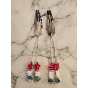 Silver Tone Hair Clips Barrettes With Beaded Dangling Strings Set of 2
